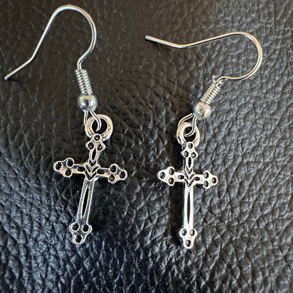 Goth Silver Tone Delicate Cross Earrings
